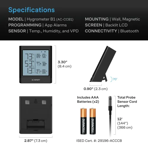 AC Infinity - CLOUDCOM B1 Smart Hygrometer with Display & External Sensor